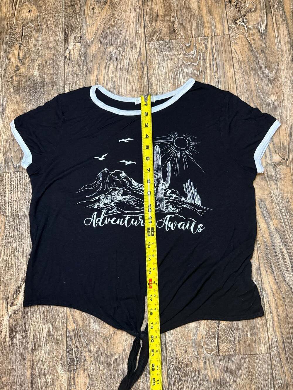 Atticute Adventure Awaits Black Ringer T-Shirt with Cactus and Mountain Graphic